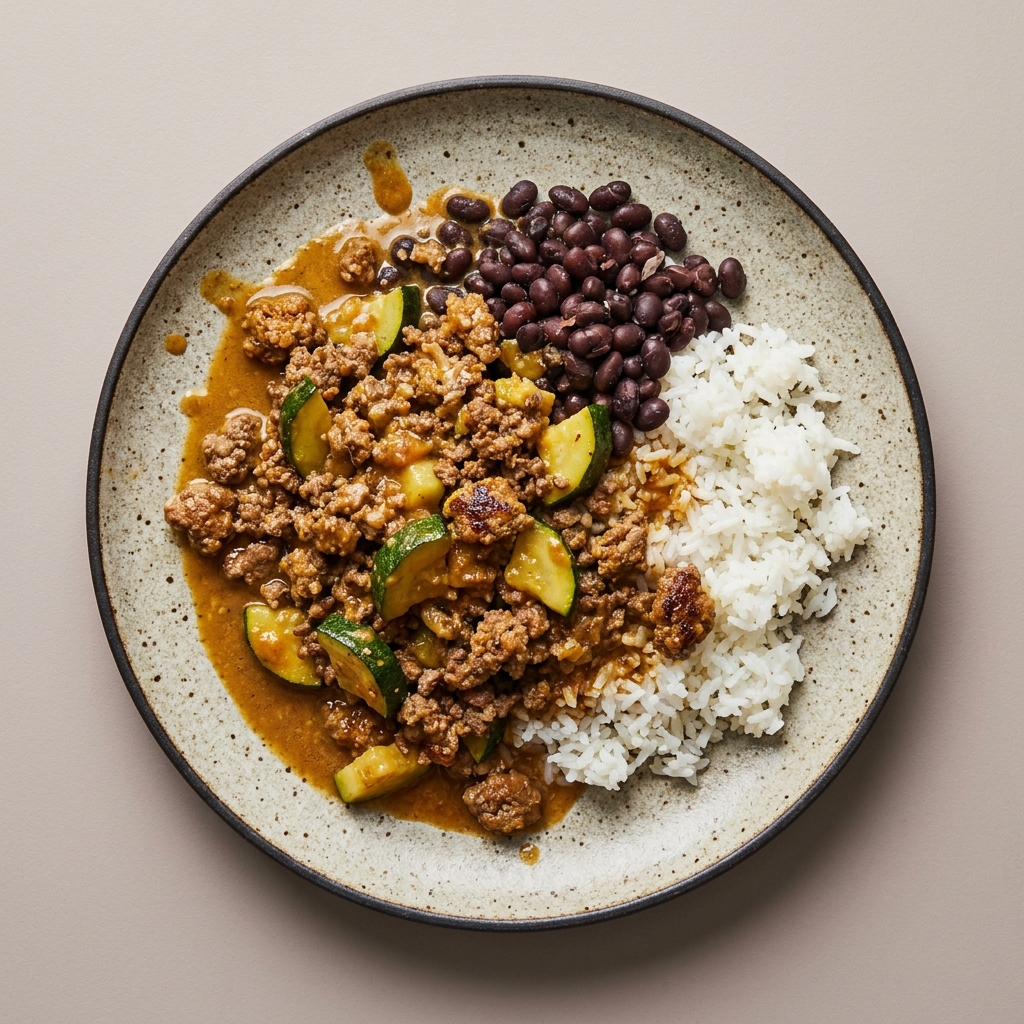 Res molida en encacahuatado con calabacita, frijoles y arroz