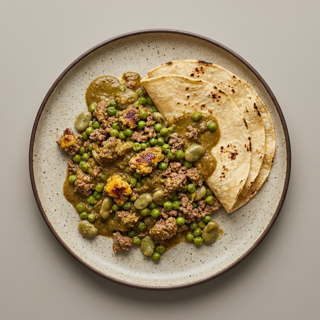 Res molida en pipián de pepita con chícharos, habas y tortilla