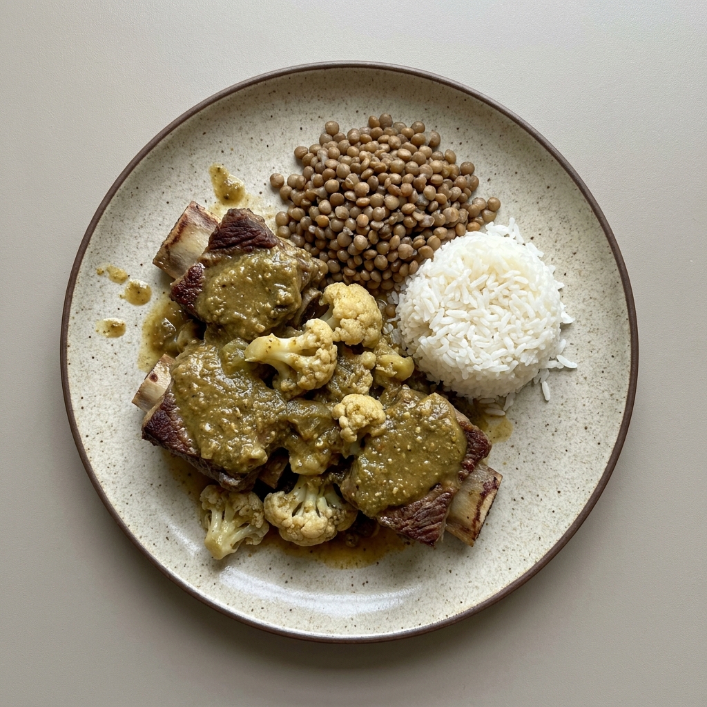 Costilla de res en pipián de pepita con coliflor, lentejas y arroz