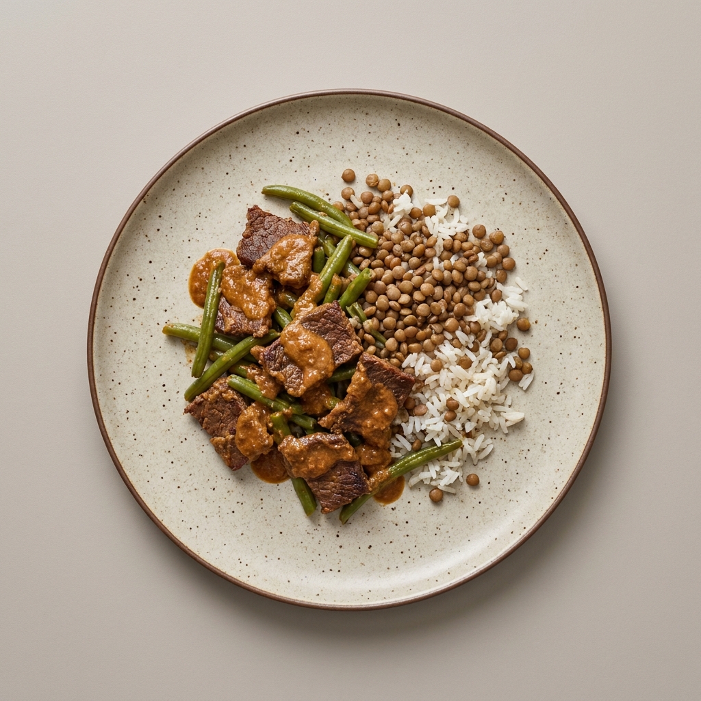 Cecina de res en almendrado con ejotes, lentejas y arroz