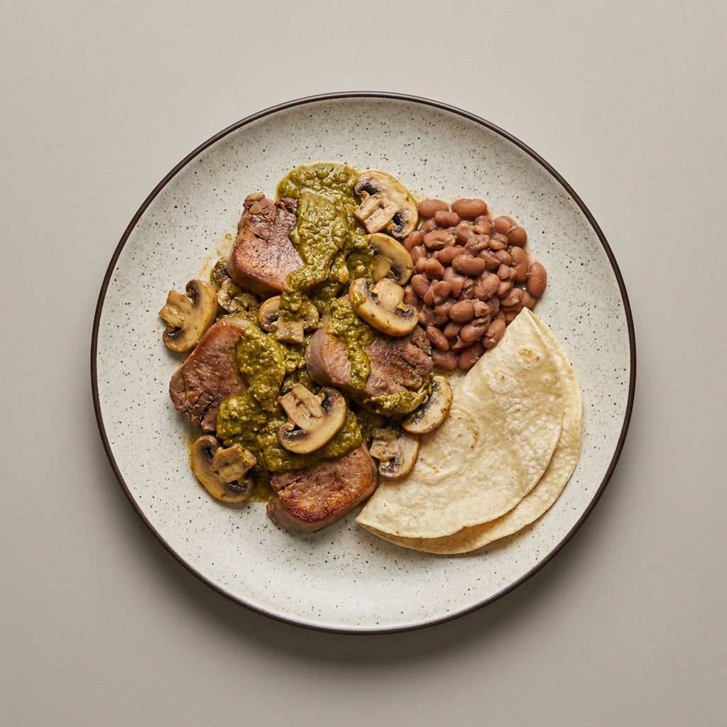 Lengua de res en pipián de pepita con champiñones, frijoles y tortilla