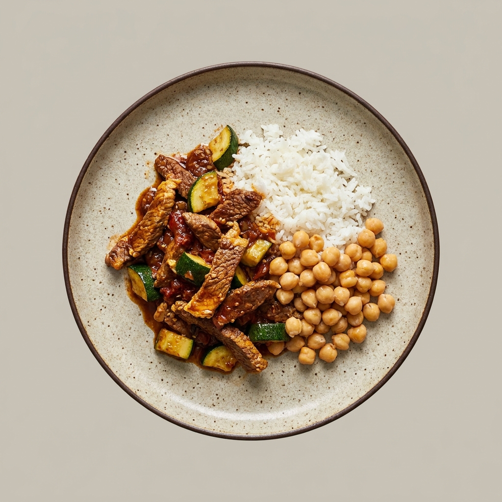 Bistec de ternera en salsa de ajonjolí con calabacita, garbanzos y arroz