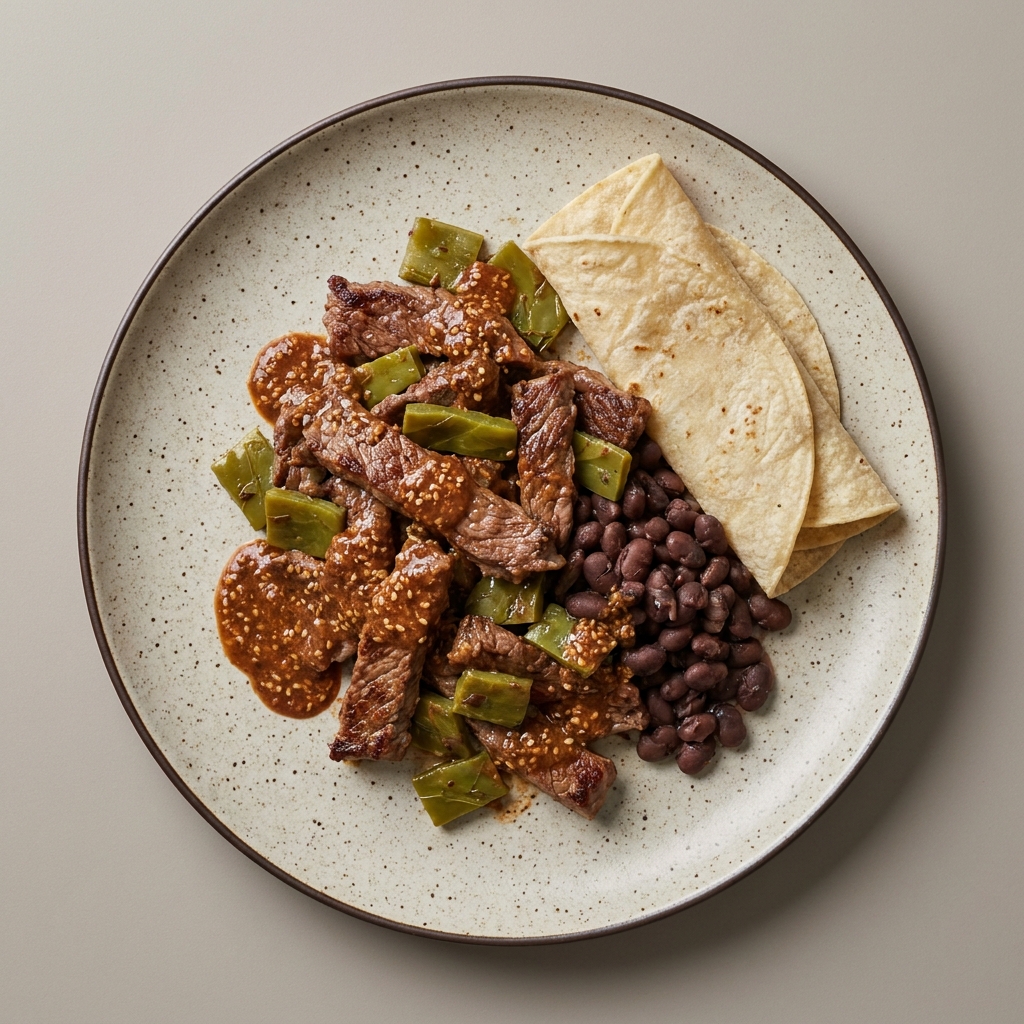 Cecina de res en salsa de ajonjolí con nopales, frijoles y tortilla