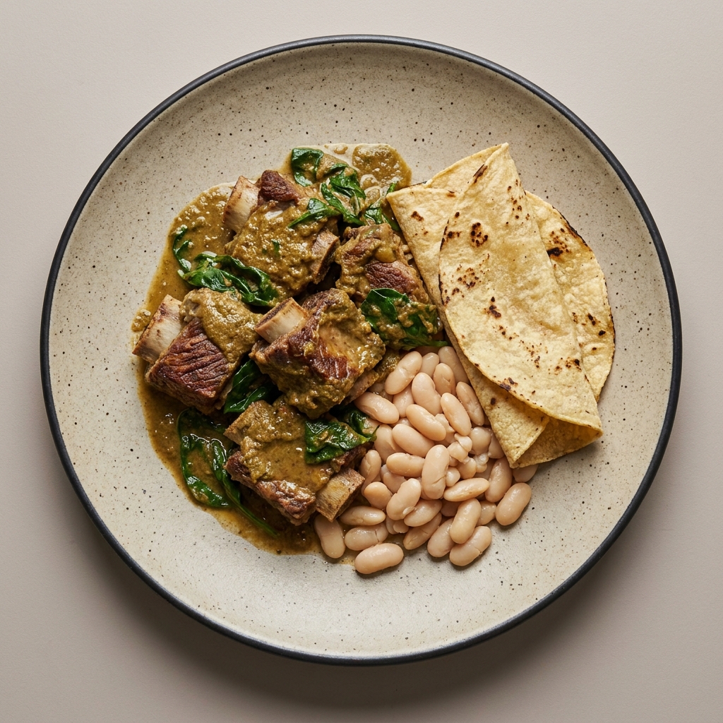 Costilla de res en pipián de pepita con espinaca, alubias y tortilla
