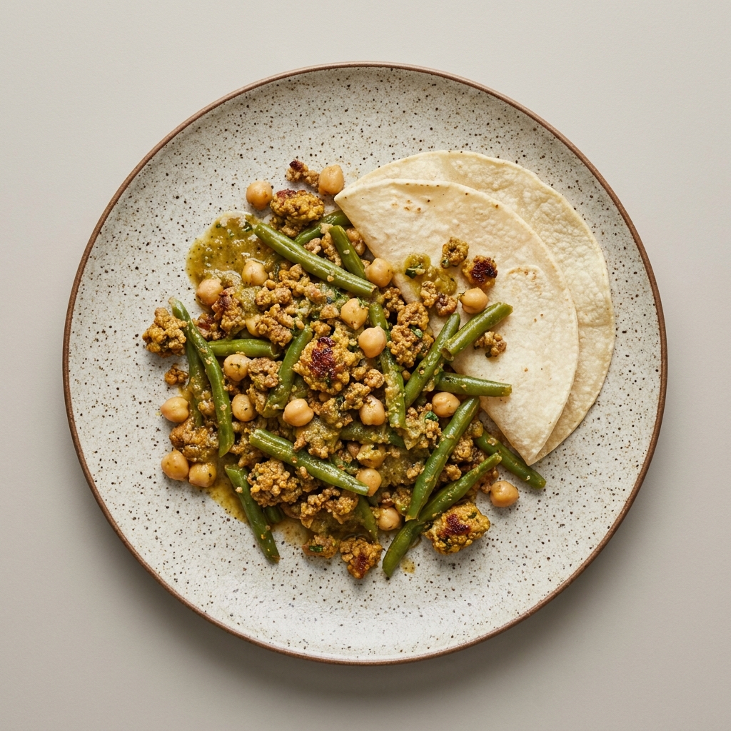 Res molida en pipián de pepita con ejotes, garbanzos y tortilla
