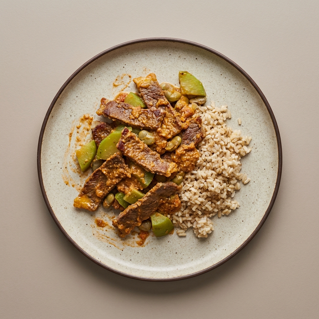 Cecina de res en almendrado con chayote, habas y arroz integral