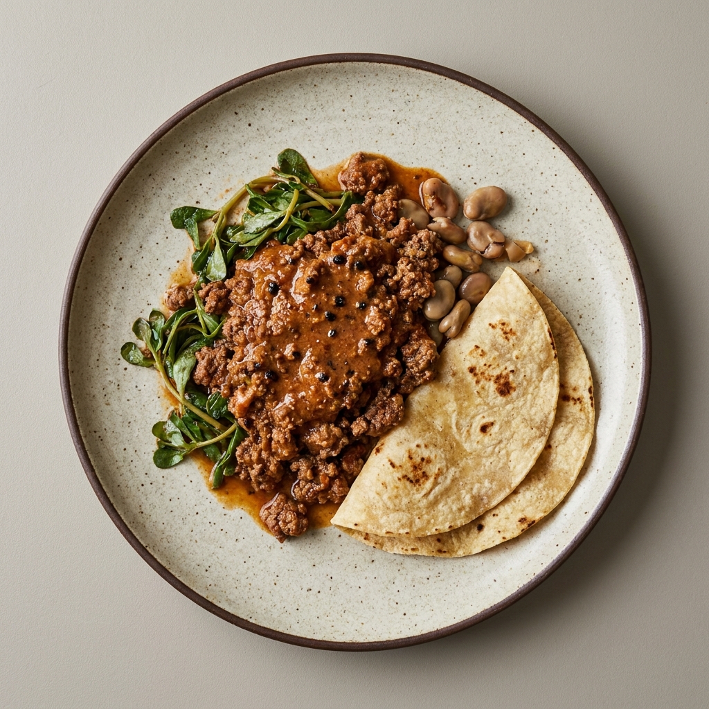 Res molida en encacahuatado con verdolagas, habas y tortilla