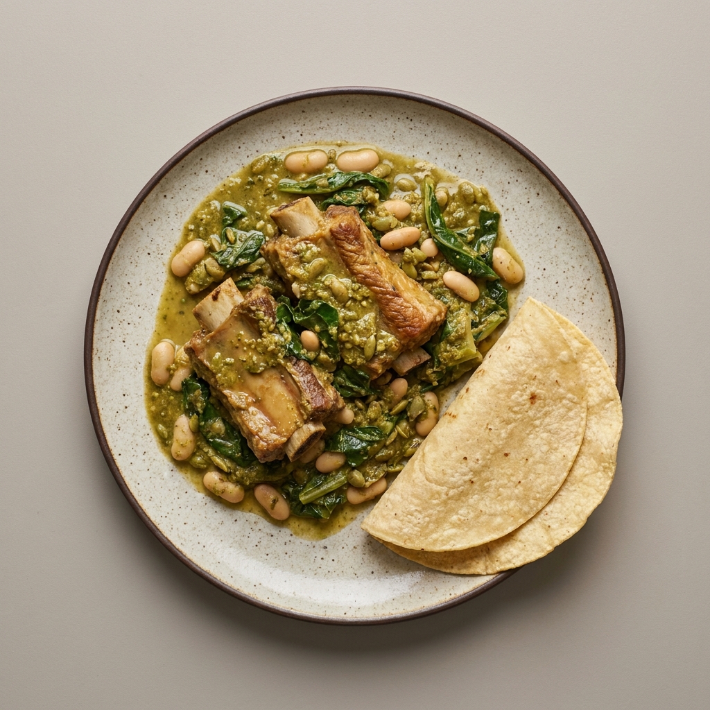 Costilla de res en pipián de pepita con acelga, alubias y tortilla