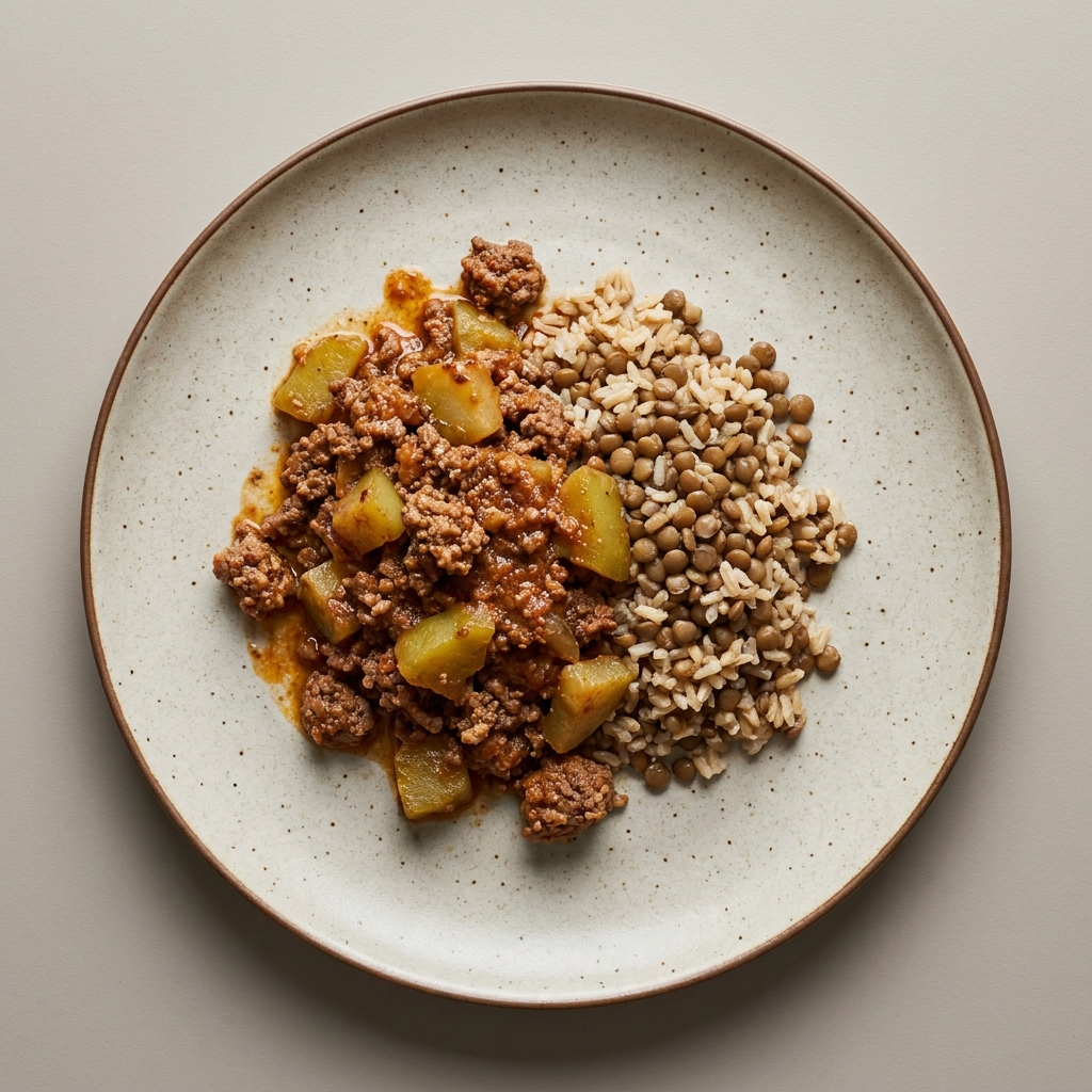 Res molida en salsa de ajonjolí con chayote, lentejas y arroz integral