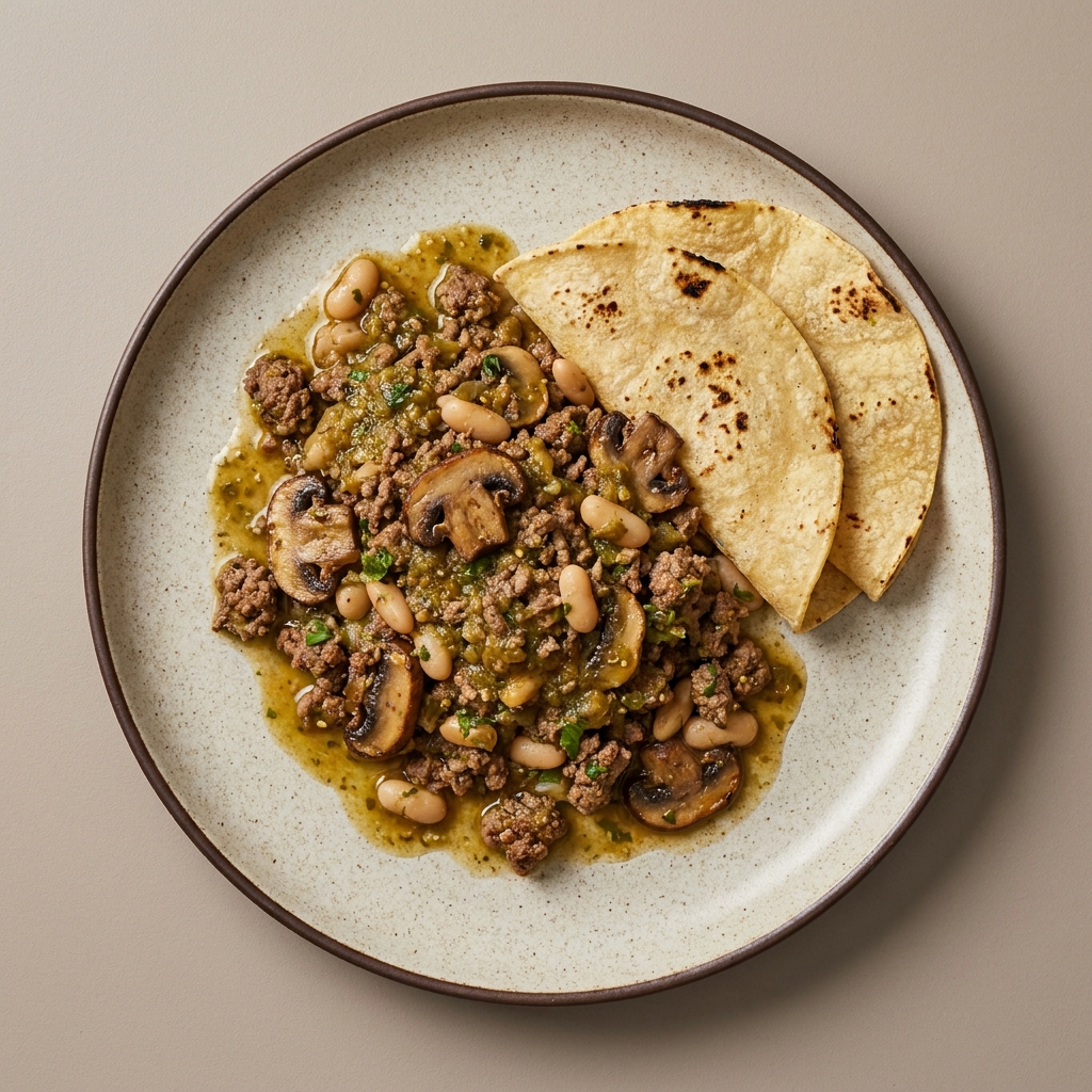 Res molida en pipián de pepita con champiñones, alubias y tortilla