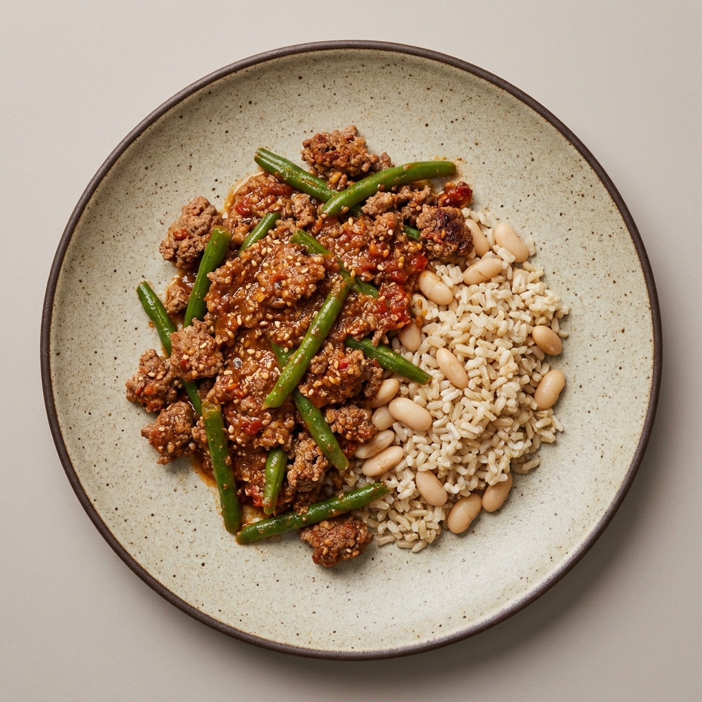 Res molida en salsa de ajonjolí con ejotes, alubias y arroz integral