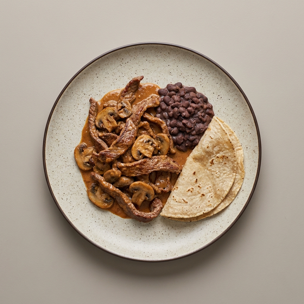 Cecina de res en encacahuatado con champiñones, frijoles y tortilla