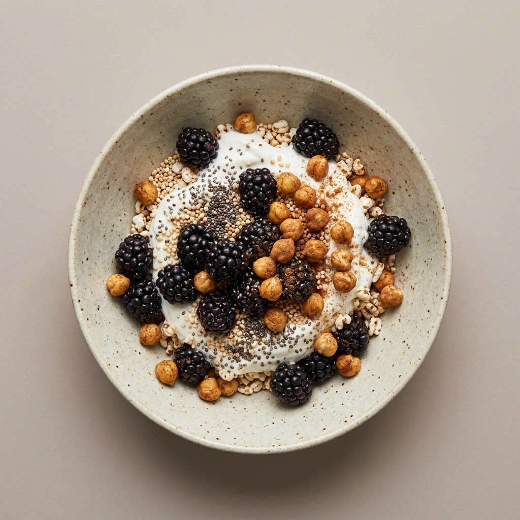 Bowl de yogurt con amaranto, zarzamora, chía y garbanzo tostado