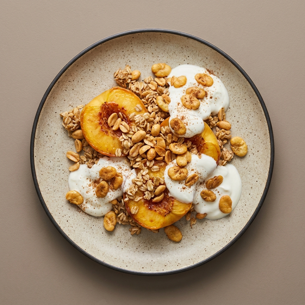 Durazno al horno con avena, cacahuate y yogurt natural