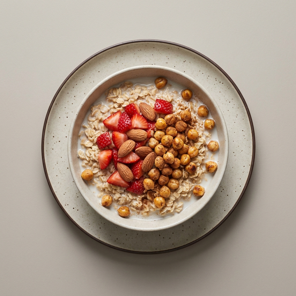 Tazón de avena con leche, fresa y almendra