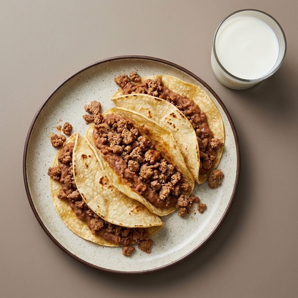 Tacos de frijol con carne molida de pavo y leche descremada aparte