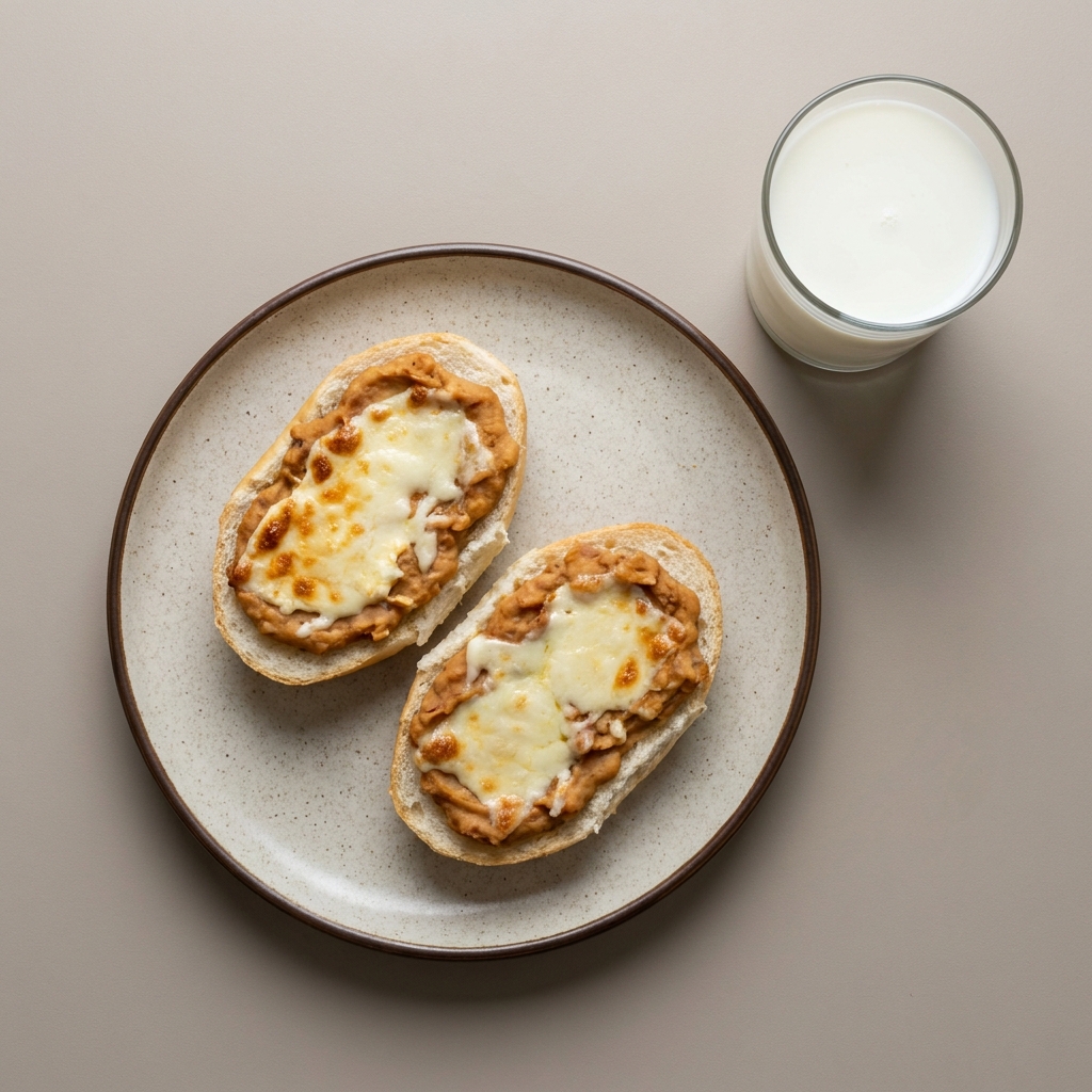 Molletes de pan blanco y frijol con requesón y leche descremada aparte