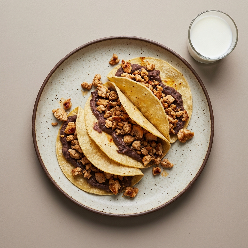 Tacos de frijol con pollo y leche deslactosada light aparte