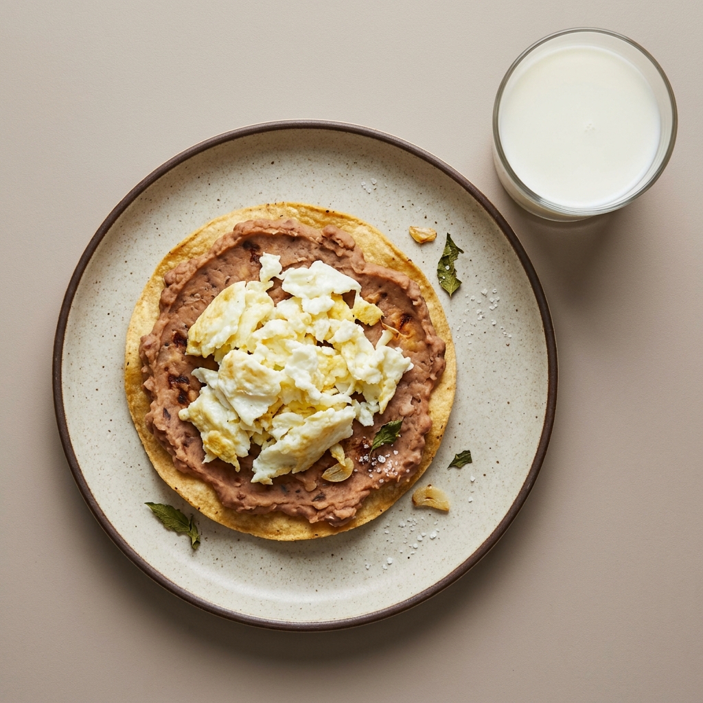Tostada horneada de frijol con clara de huevo y leche descremada aparte