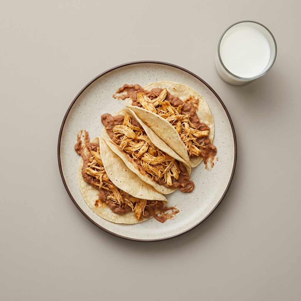 Tacos de frijol con pollo deshebrado y leche descremada aparte
