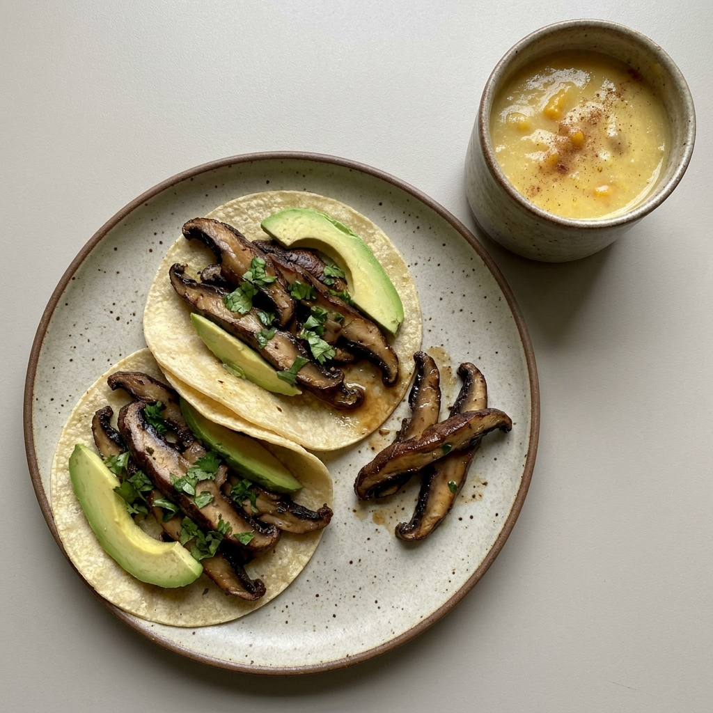 Tacos de hongo portobello asado con aguacate y agua fresca de mango