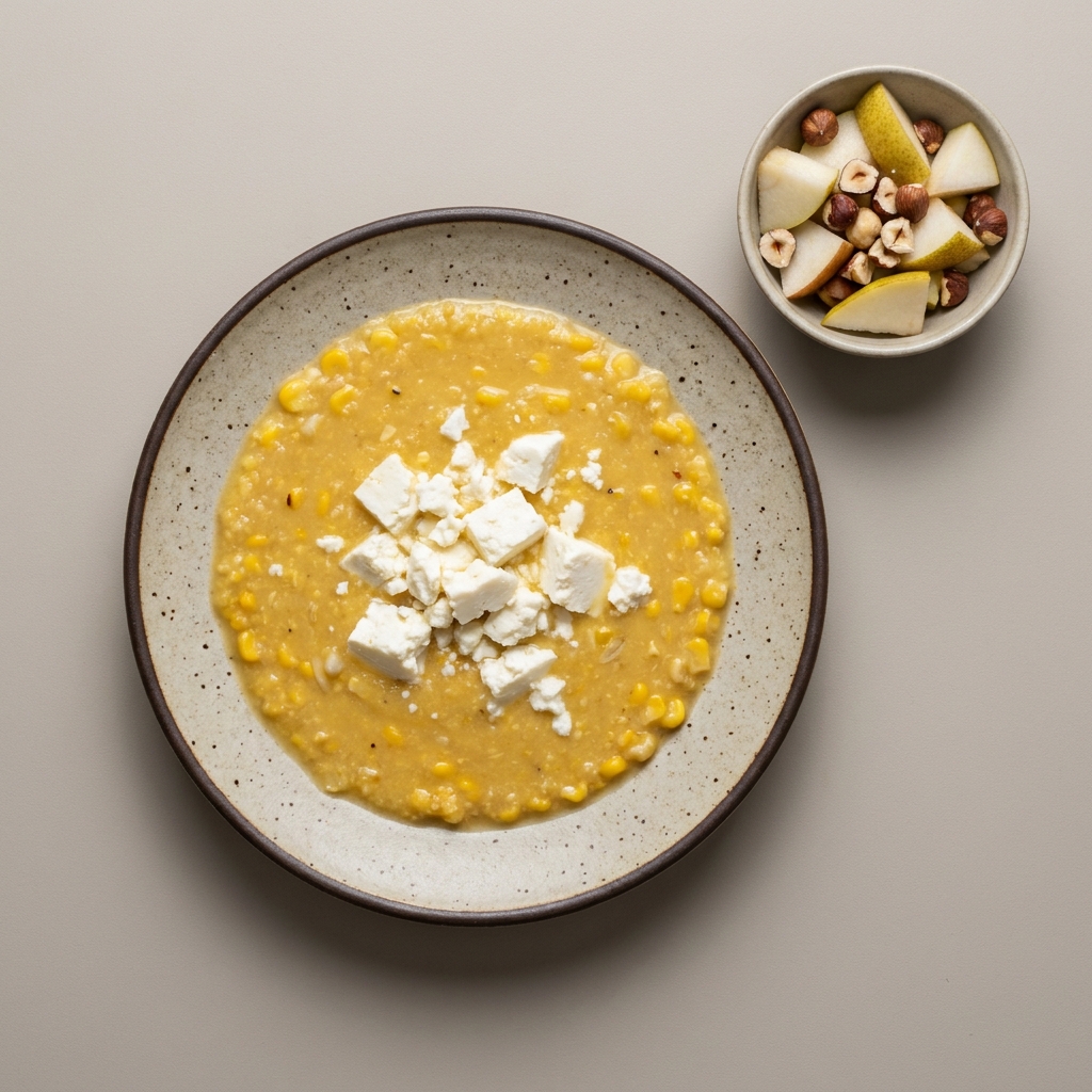 Crema de elote con queso fresco y postre de pera con avellanas