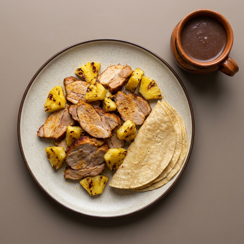 Pierna de cerdo al achiote con piña asada y tortillas