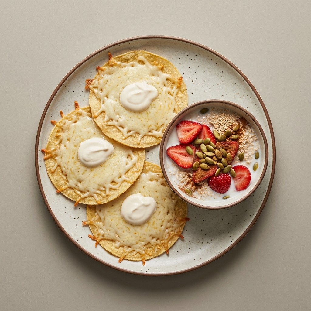 Quesadillas de queso oaxaca con crema. Licuado de fresa con amaranto y pepitas