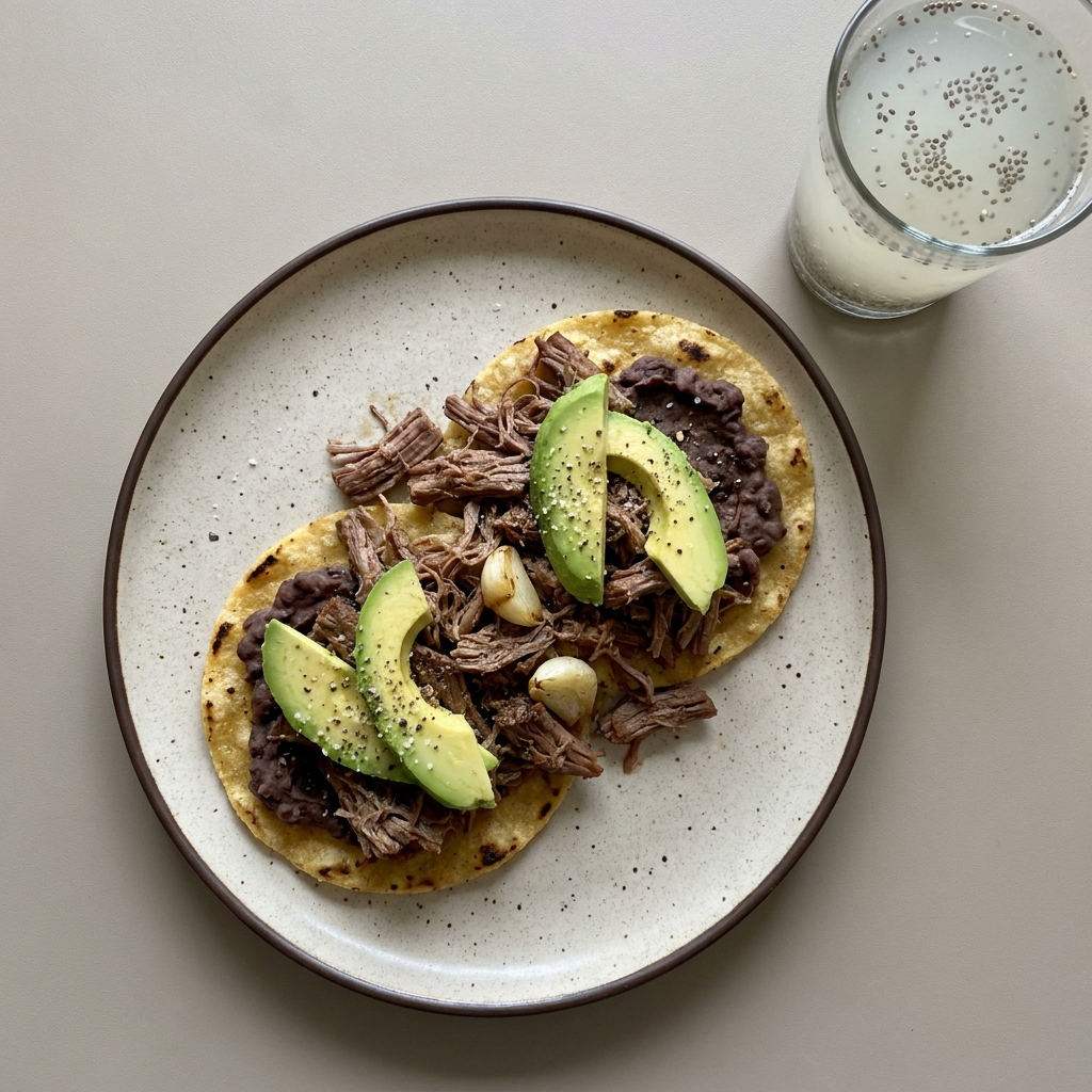 Sopes de res deshebrada con aguacate y agua de limón con chía
