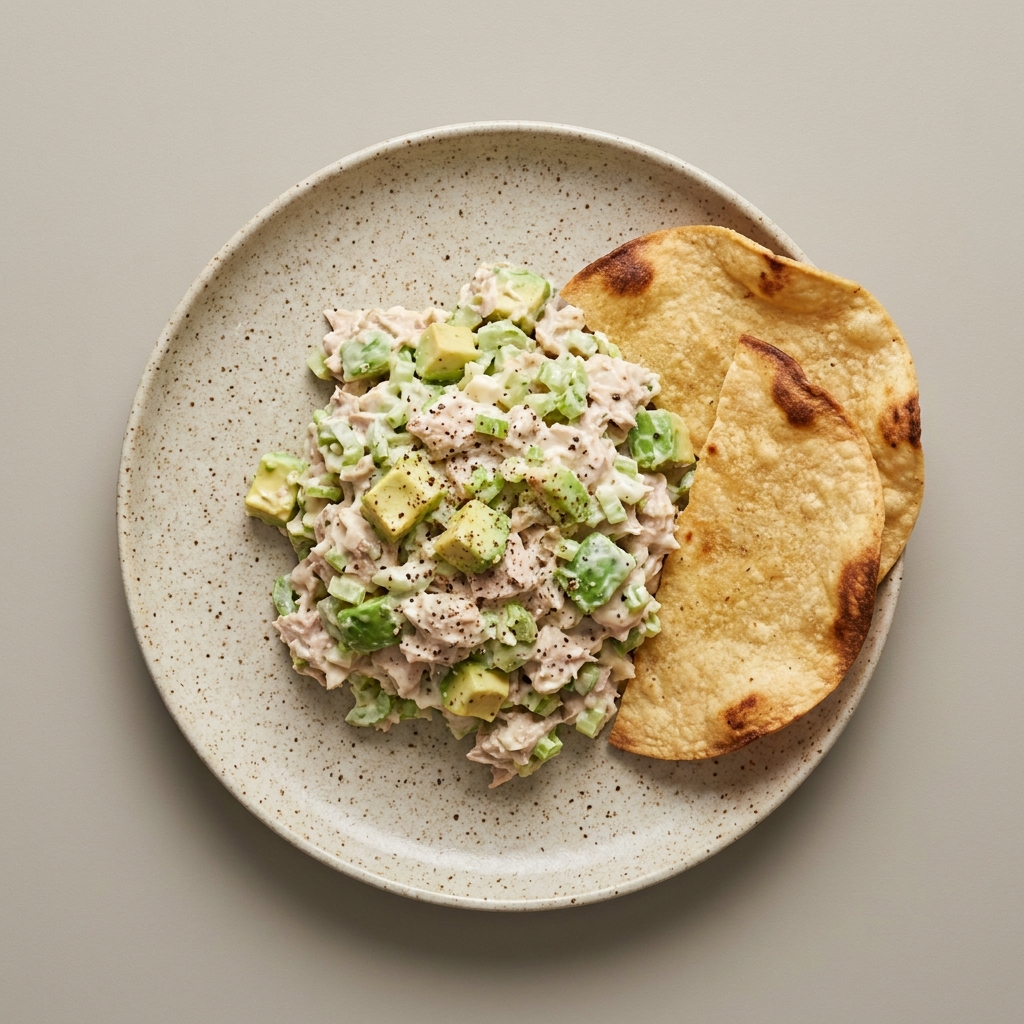 Ensalada de atún cremosa con apio y aguacate y tostadas