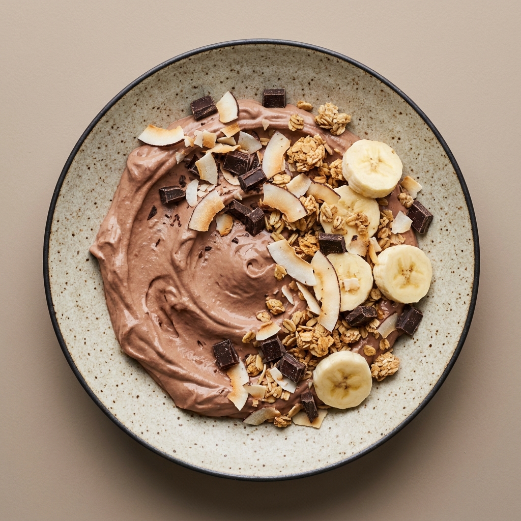 Bowl de yogurt sabor cacao, con chocolate amargo, banana, granola y coco rallado