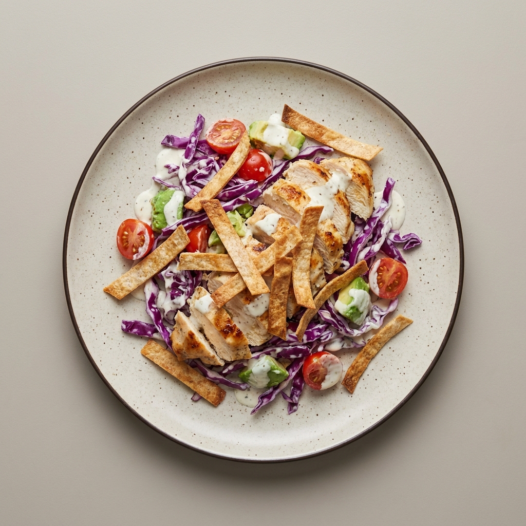 Ensalada de pollo con pepino, jitomate cherry y aguacate con tiras horneadas de tortilla de harina integral