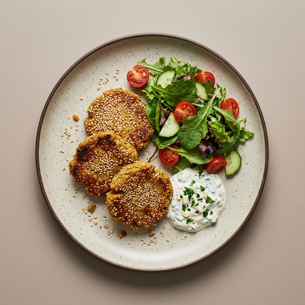 Tortitas de lenteja con ajonjolí acompañadas de jocoque y ensalada fresca