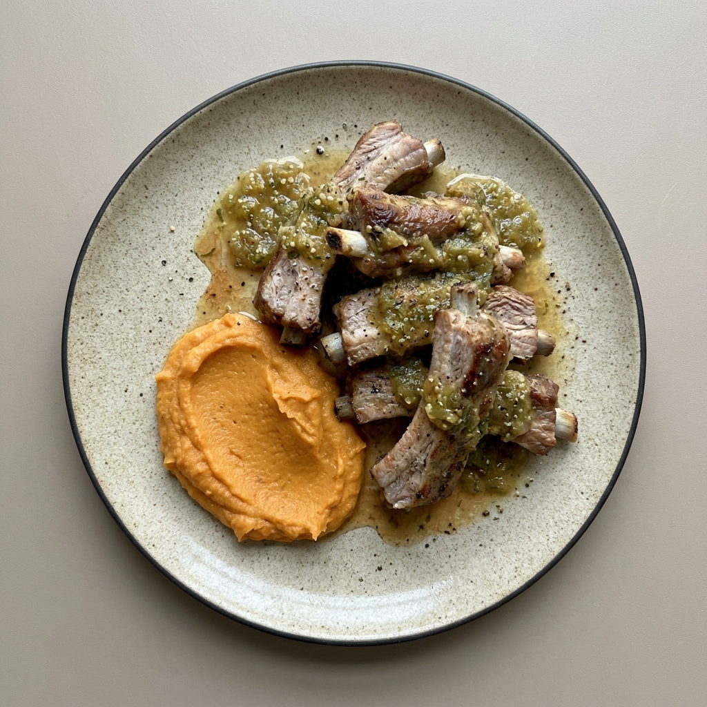 Costilla de cerdo en salsa verde con puré de camote