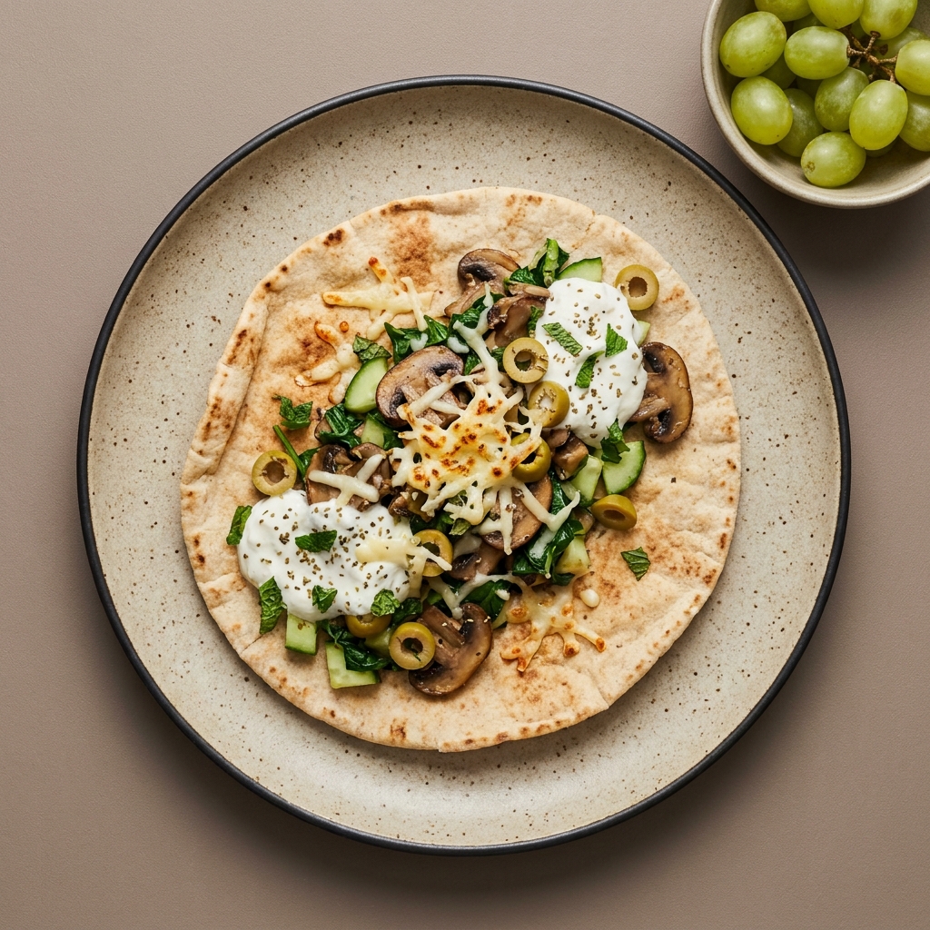 Taco de Pan pita vegetariano con jocoque, aceitunas verdes y bowl de uva
