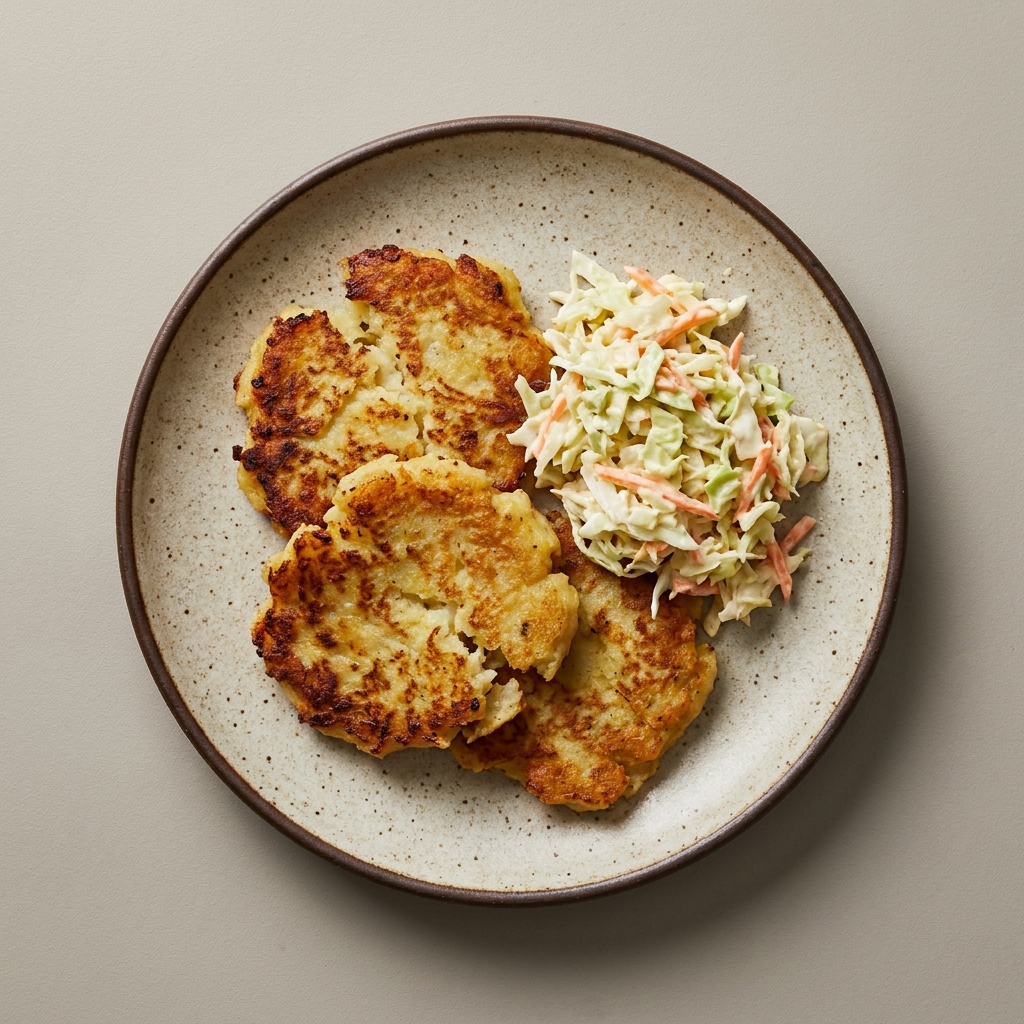 Tortitas de papa rellenas de atun y ensalada coleslaw con manzana verde