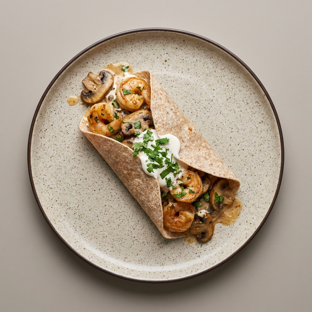 Burrito de camarón al ajillo con champiñones y crema