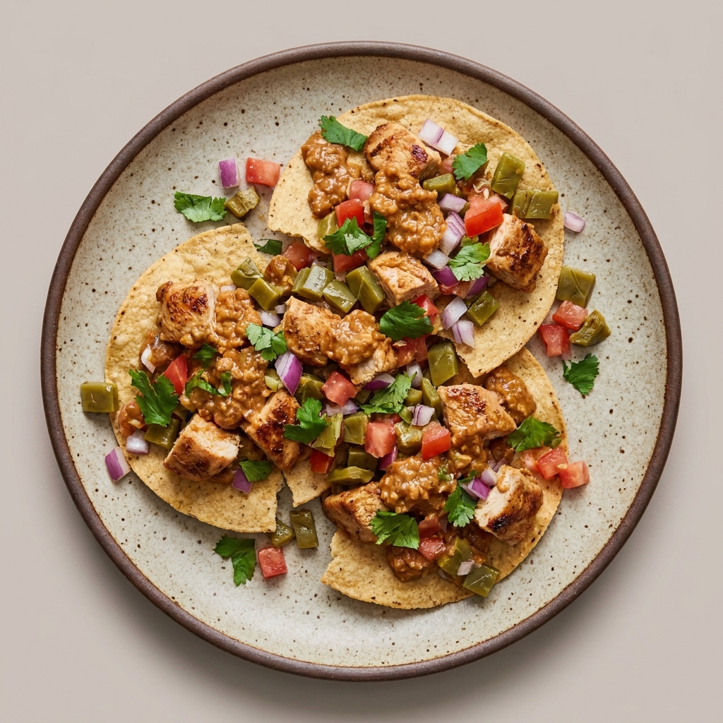 Tostadas de pollo con salsa de cacahuate y ensalada de nopales