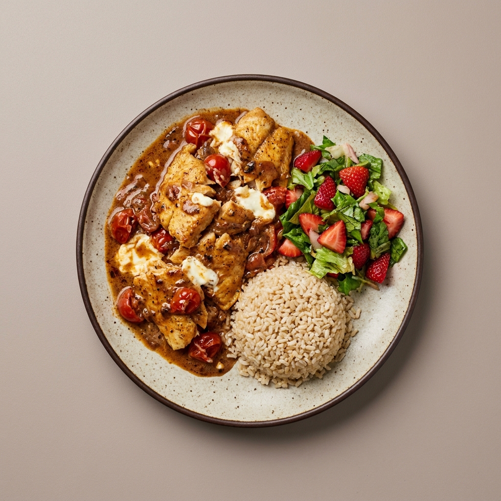 Tilapia en salsa cremosa de tomate, con arroz blanco y  ensalada fresca con fresas