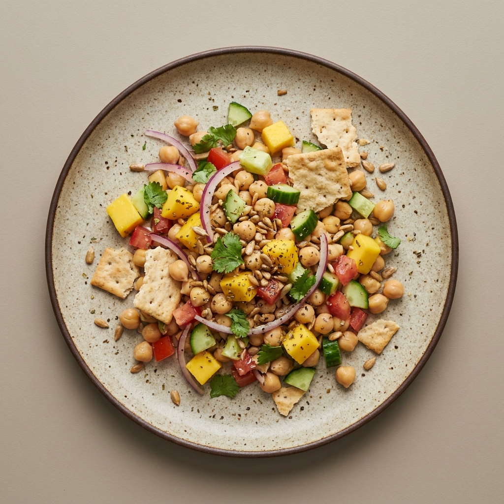 Ceviche de garbanzo con mango y pepitas de calabaza con galletas salmas
