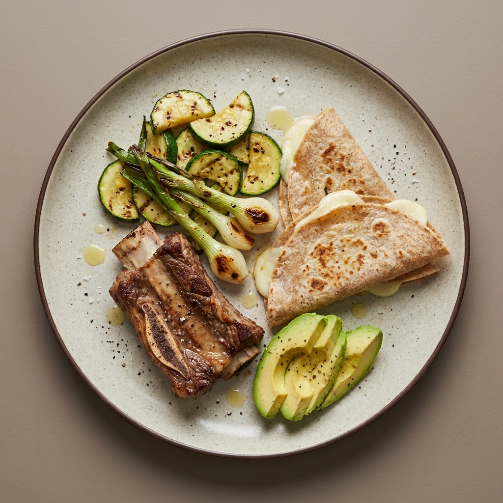 Costilla de res asada con calabacitas, cebollitas y quesadillas