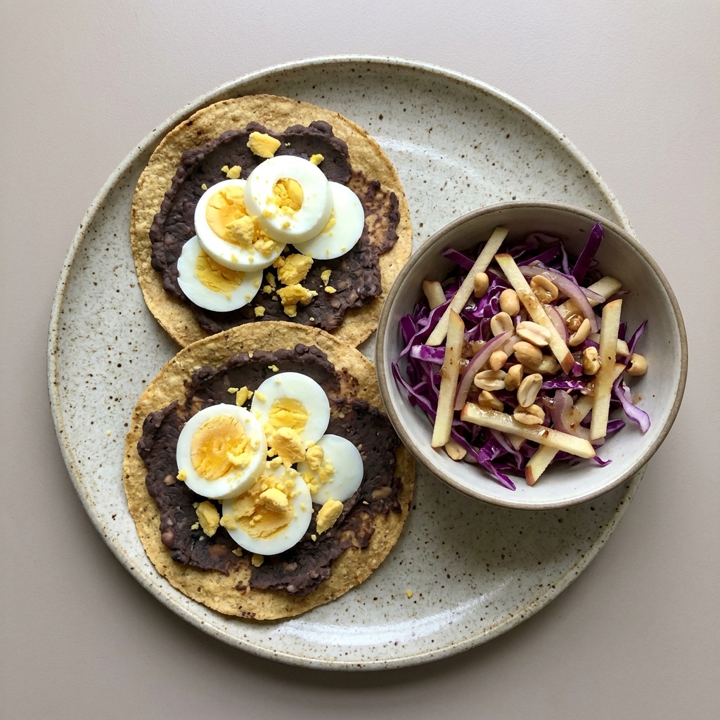 Tostadas de alubia machacada con huevo cocido y bowl de ensalada de col con manzana y cacahuate