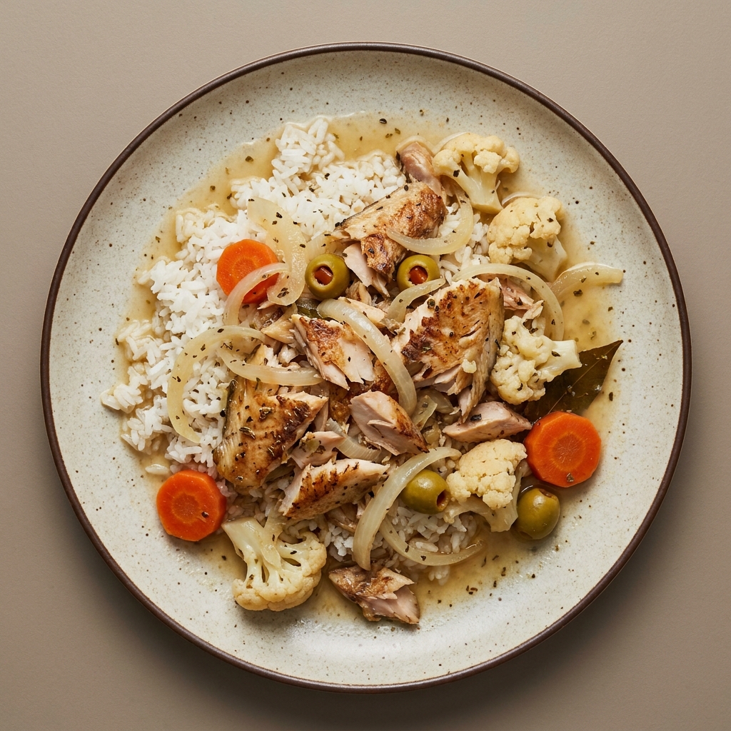 Tilapia en escabeche con zanahoria, coliflor, cebolla y aceitunas verde y con arroz