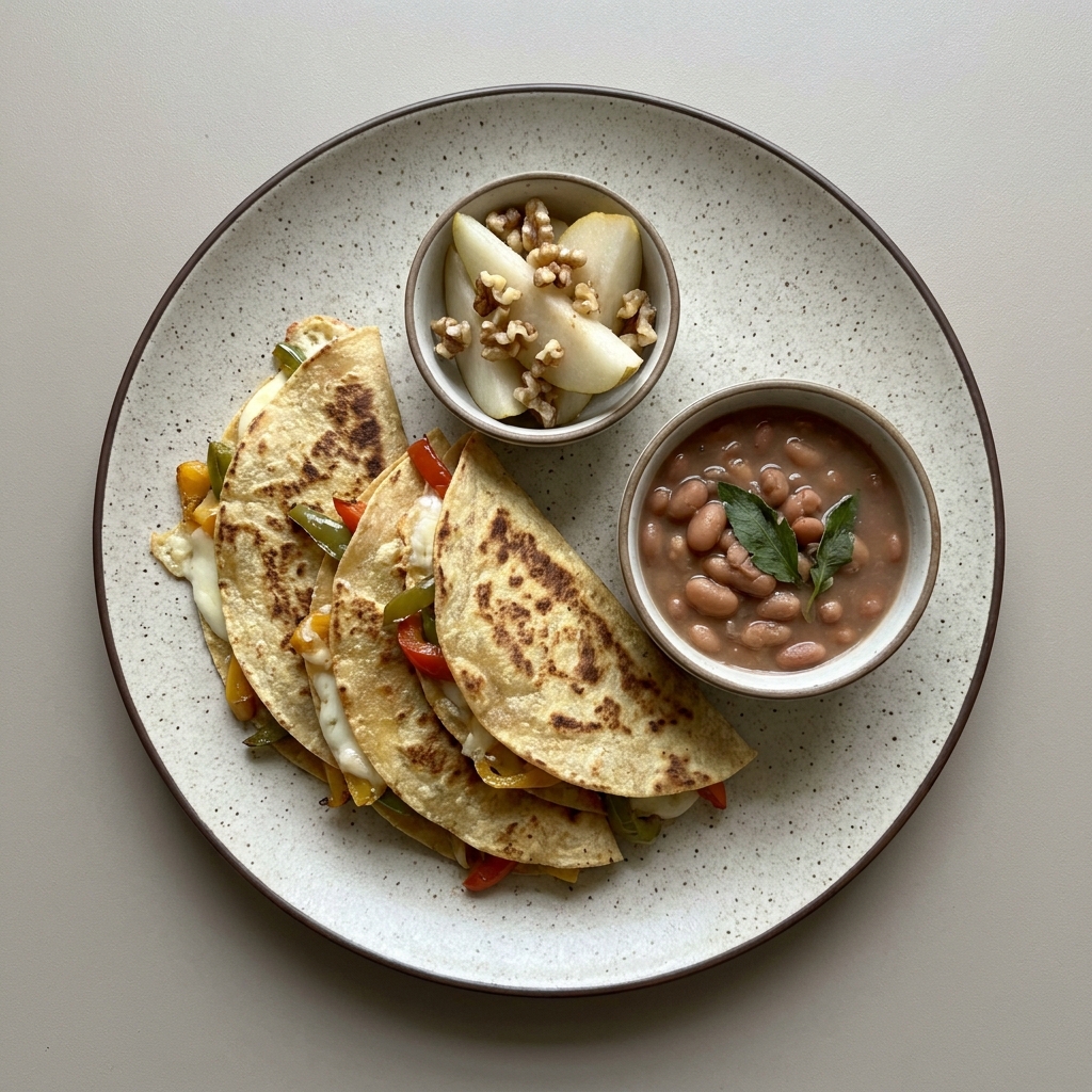 Quesadillas de pimientos con queso y frijoles de la olla, con bowl de pera y nuez de postre