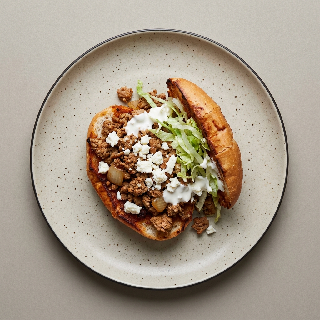 Lonche de pavo molido en salsa de chile guajillo, con queso fresco, crema y lechuga
