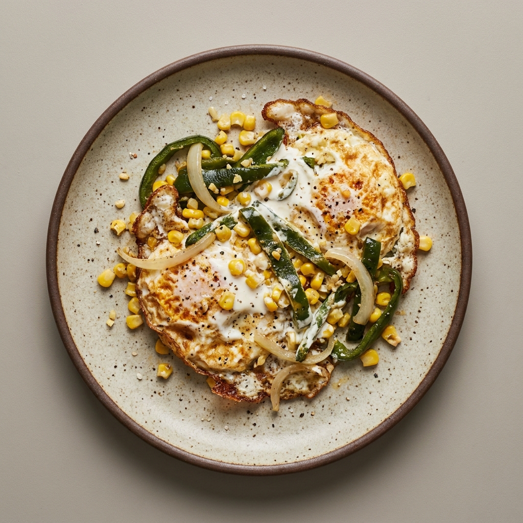 Huevos en rajas de chile poblano con crema y elote