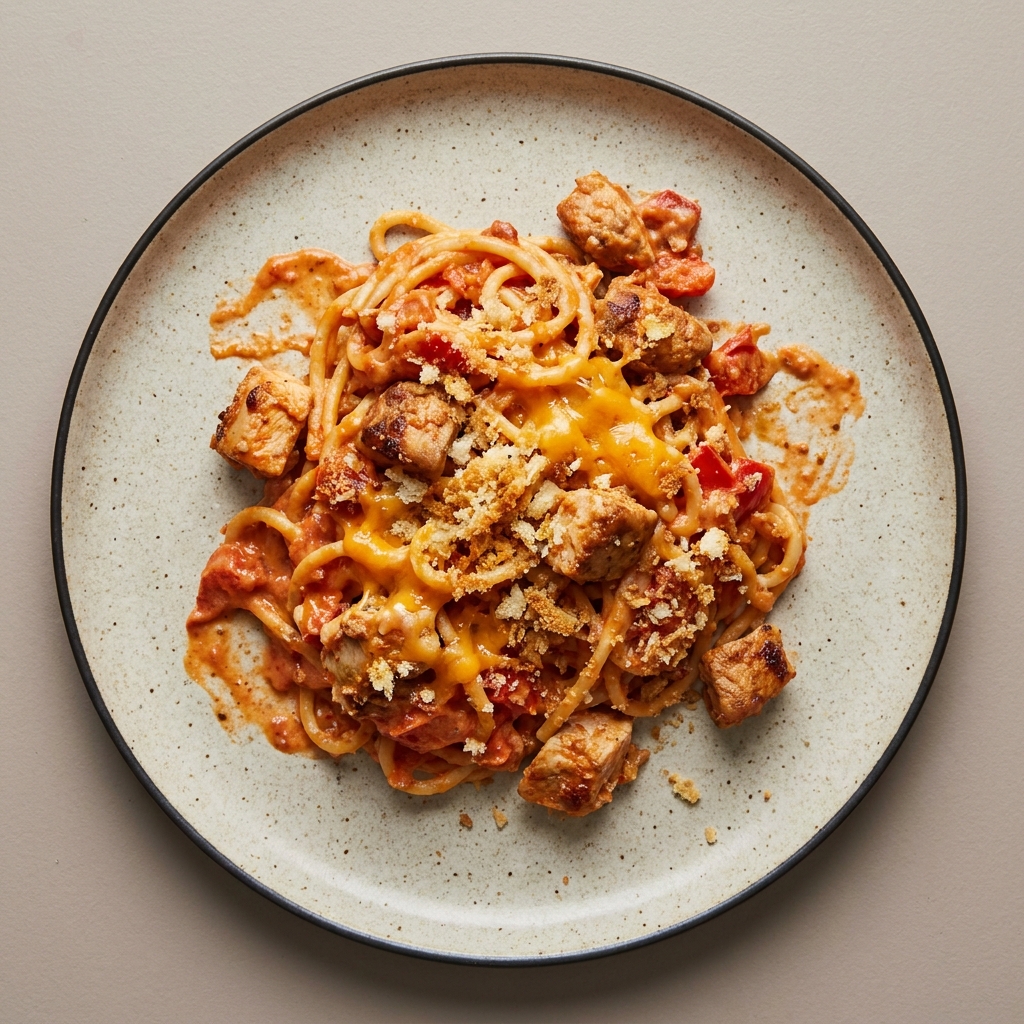 Pasta en salsa de morrón con queso y pollo