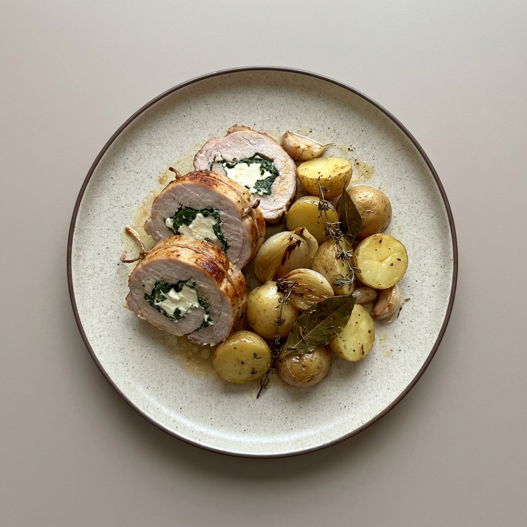 Lomo de cerdo relleno de requesón y acelga con papas cambray al horno