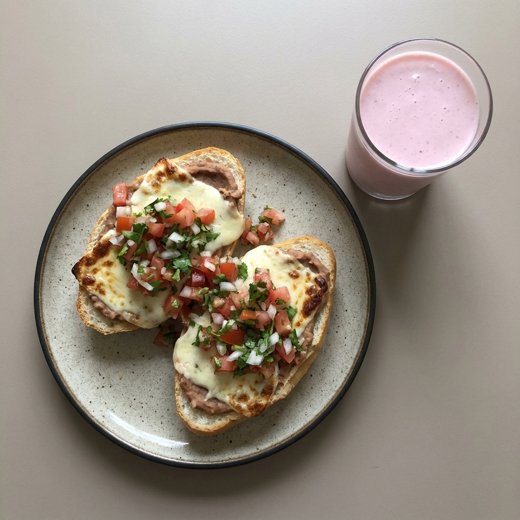Molletes de frijoles con pico de gallo y smoothie de frambuesa