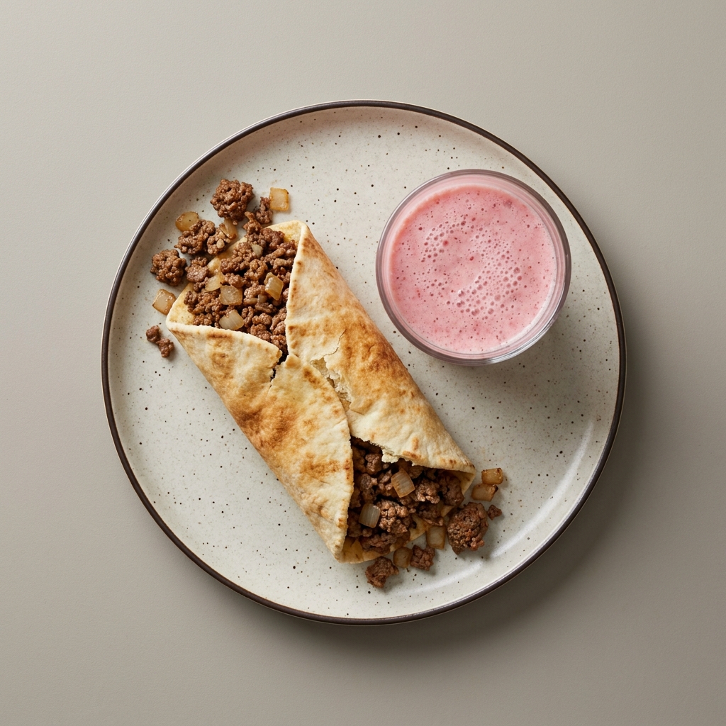 Burrito de Pan pita relleno de carne molida y cebolla. Licuado de fresa